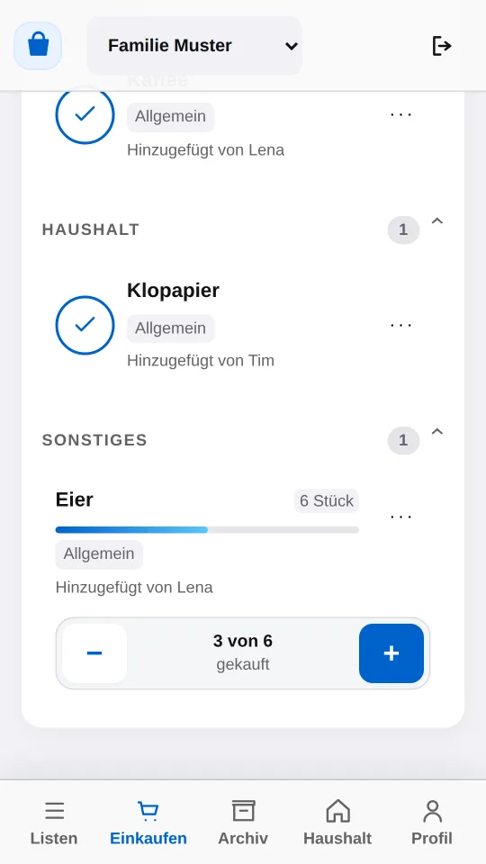 Die Einkaufen-Ansicht zeigt bei Eiern einen Fortschrittsbalken und den Zähler 3 von 6 gekauft.