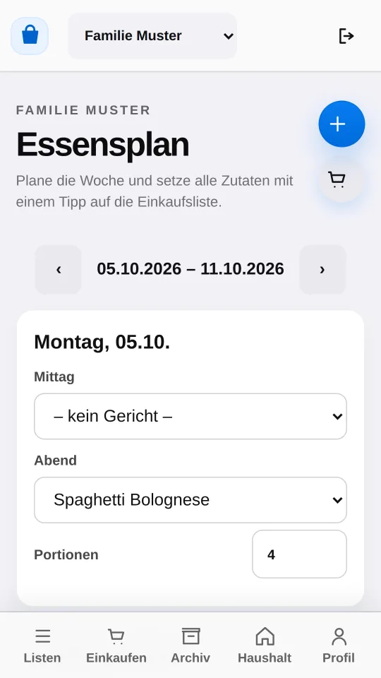 Der Essensplan einer Woche mit Gerichten für Mittag und Abend.
