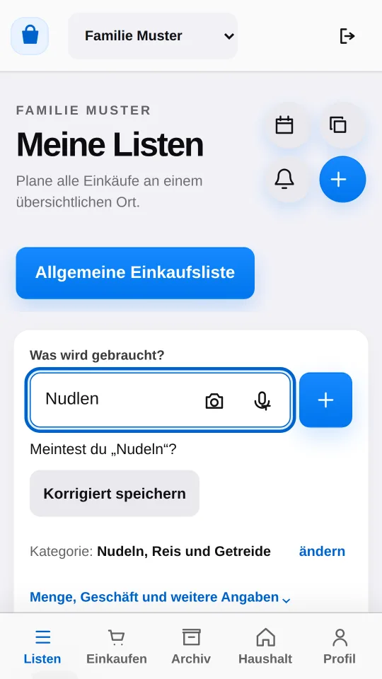Im Eingabefeld steht Nudlen. Darunter fragt KaufKreis: Meintest du Nudeln? Dazu die Kategorie Nudeln, Reis und Getreide.